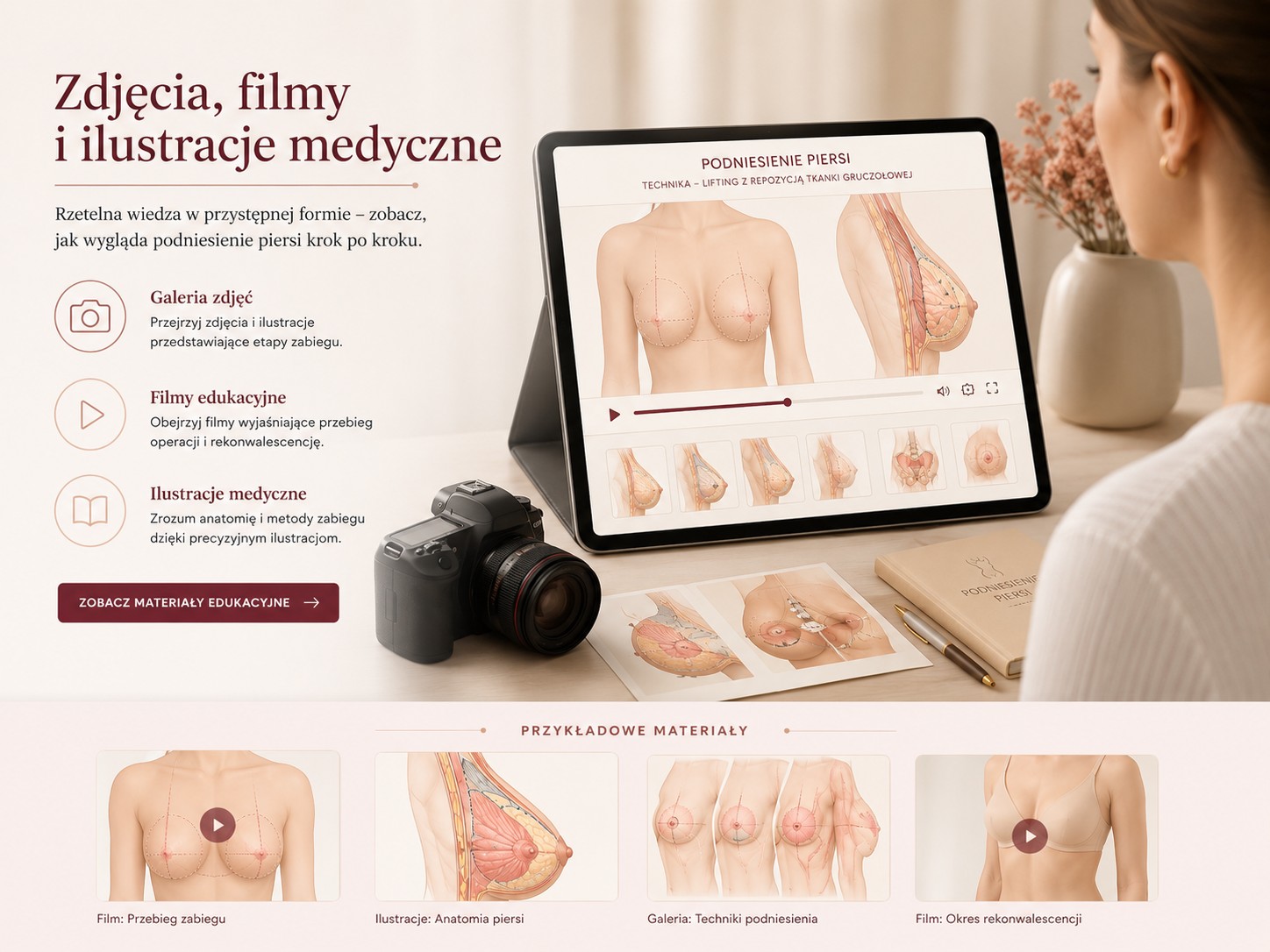 Edukacyjne ilustracje medyczne dotyczące podniesienia piersi